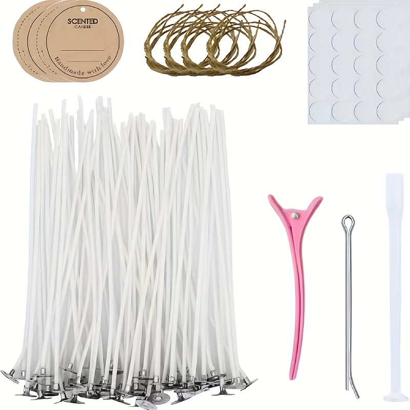 Candle Wick Kit, 100pcs Candle Wicks with Wick Stickers, Wick Holders, Wick  Placing Tube and Candle Tags for Candle Making (8 inch kit)