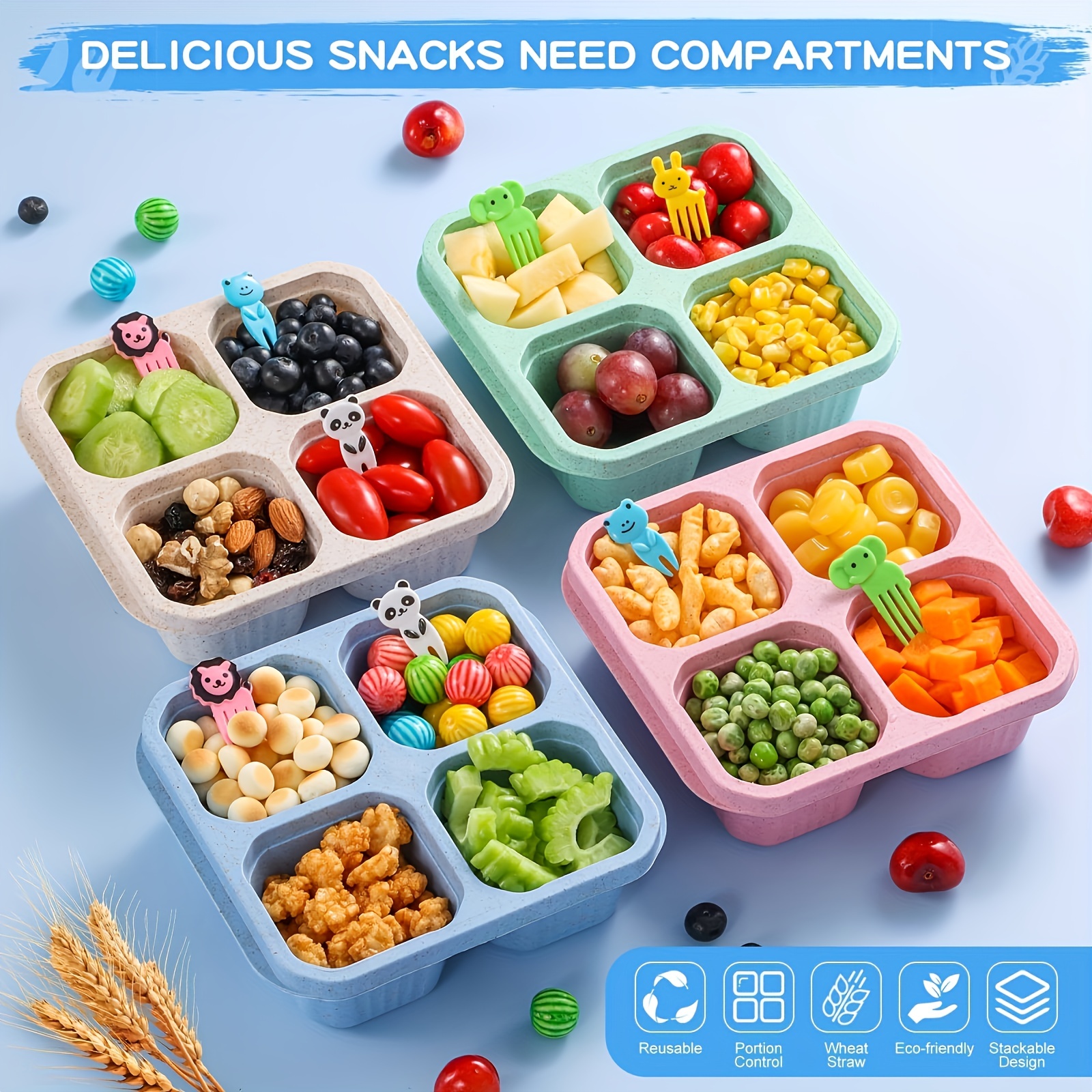 1pc Reusable Meal Prep Container Snack Box, 4 Grids Stackable