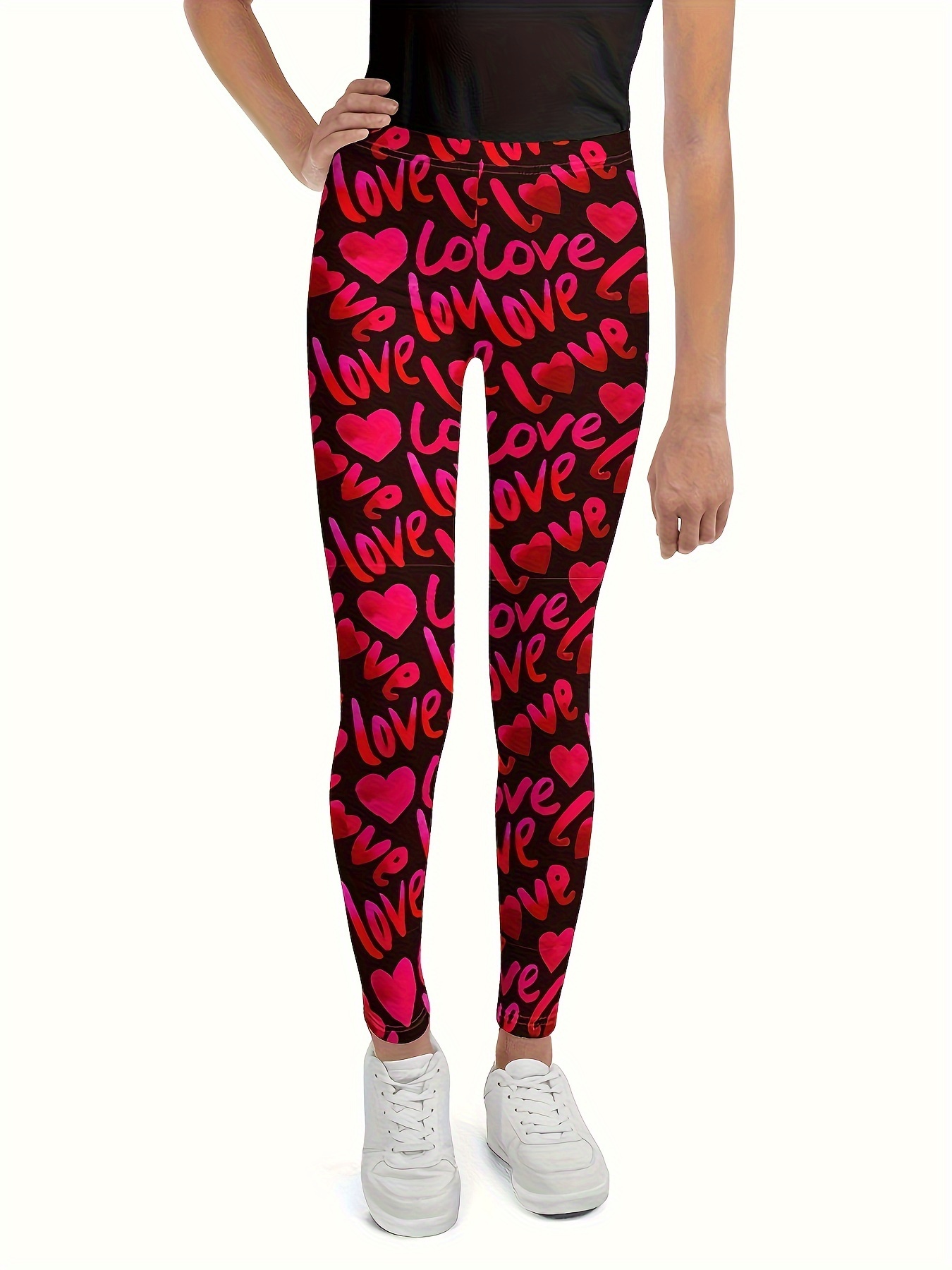 Girls Red & White Heart Love Leggings Valentines Day Knit Stretch Pants