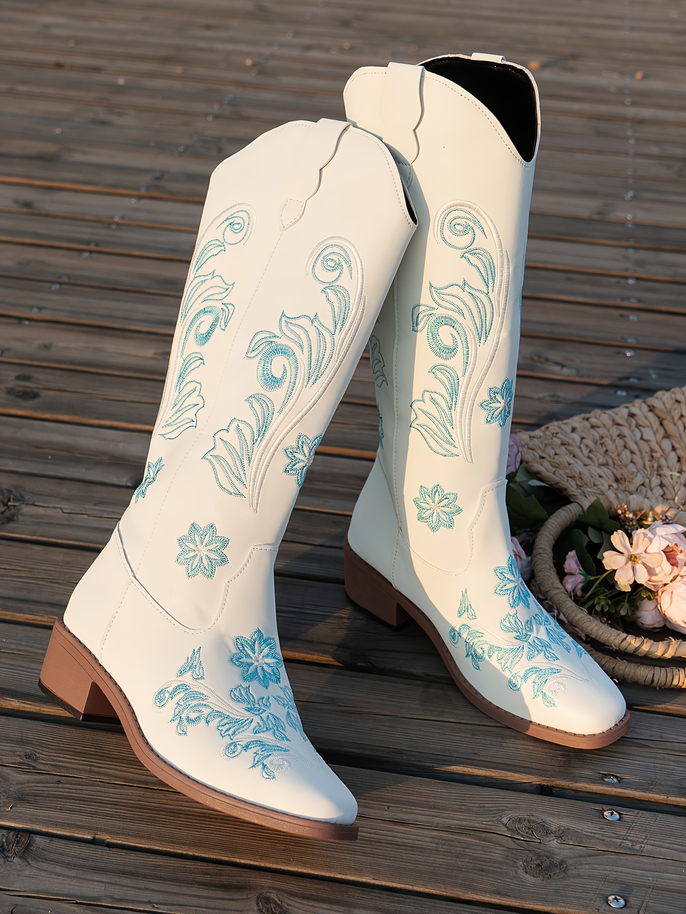 Women's Flower Pattern Chunky Heel Boots Fashion Slip - Temu