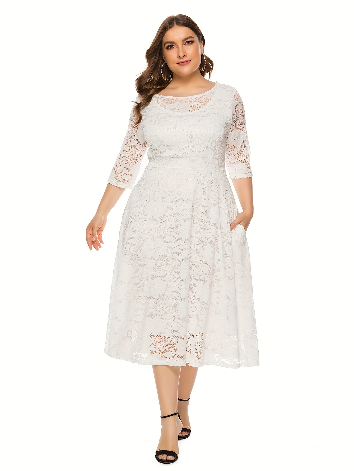  WISFRUIT Womens Floral lace Plus Size Midi Dress 3/4