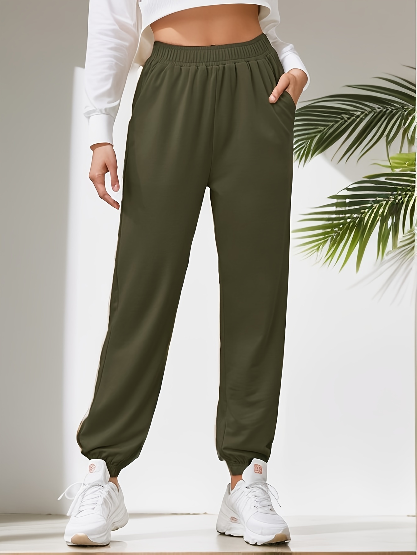 Solid Color High Waist Casual Sweatpants Pocket Elastic - Temu