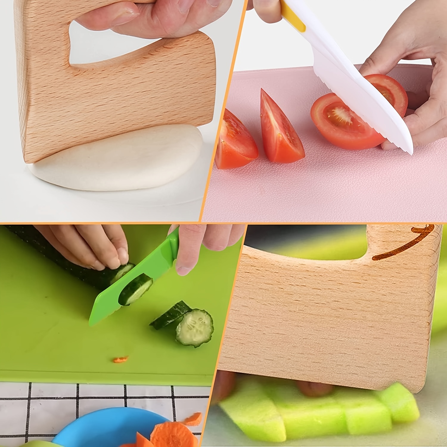Wooden Kids Knife Set, 8pcs Kids Safe Knifes Include Wood Kids Safe Knife,  Serrated Edges Plastic Toddler Knives, Crinkle Cutter, Potato Slicers Cute