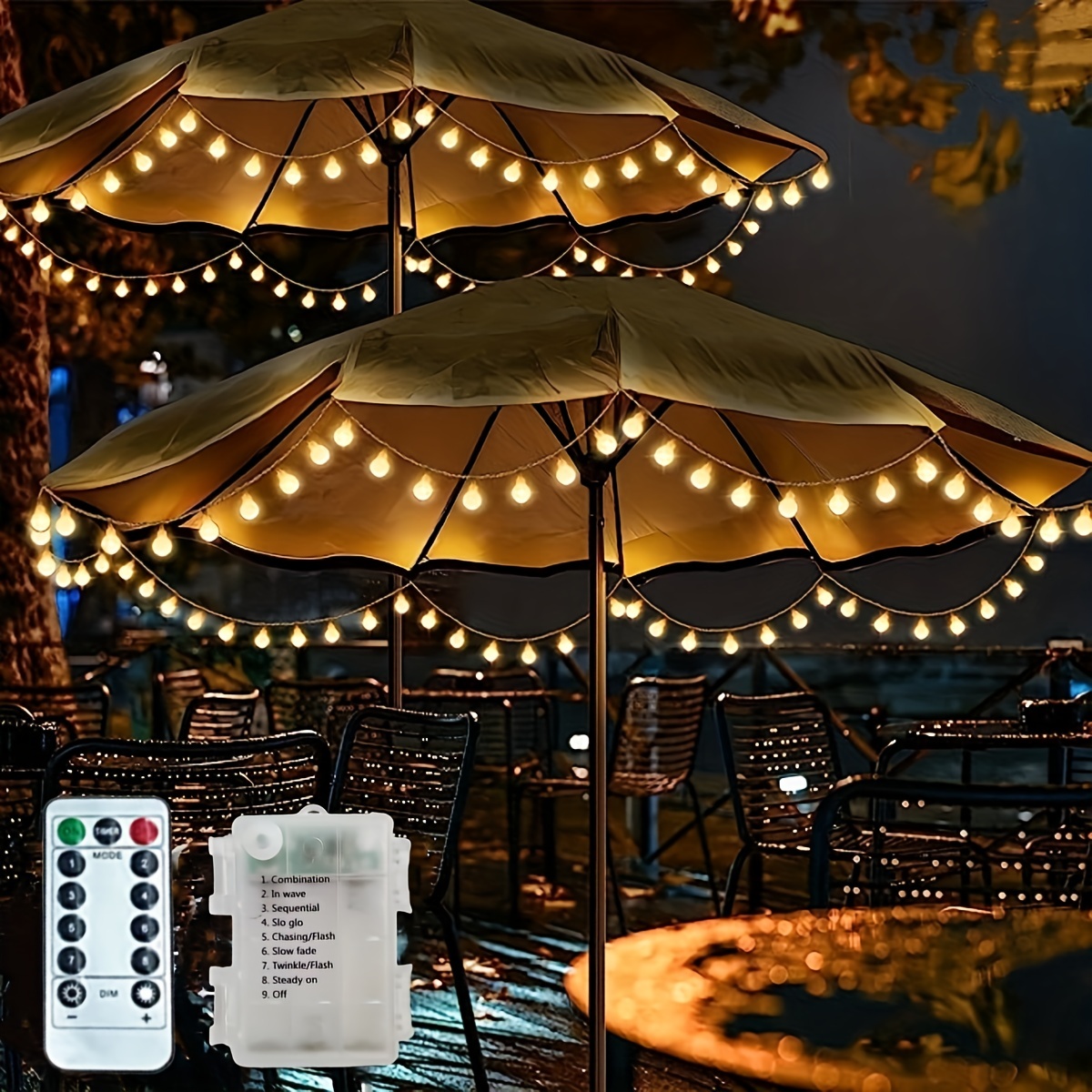 

28ft 56 Led Patio Umbrella String Lights With Remote, Battery-powered, 8 Lighting Modes, Dimmable Timer, Waterproof Outdoor Parasol Light For Garden, Wedding, Party Decoration