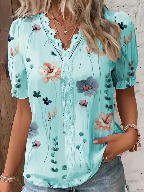floral print v neck lace trim blouse boho puff sleeve blouse for summer womens clothing