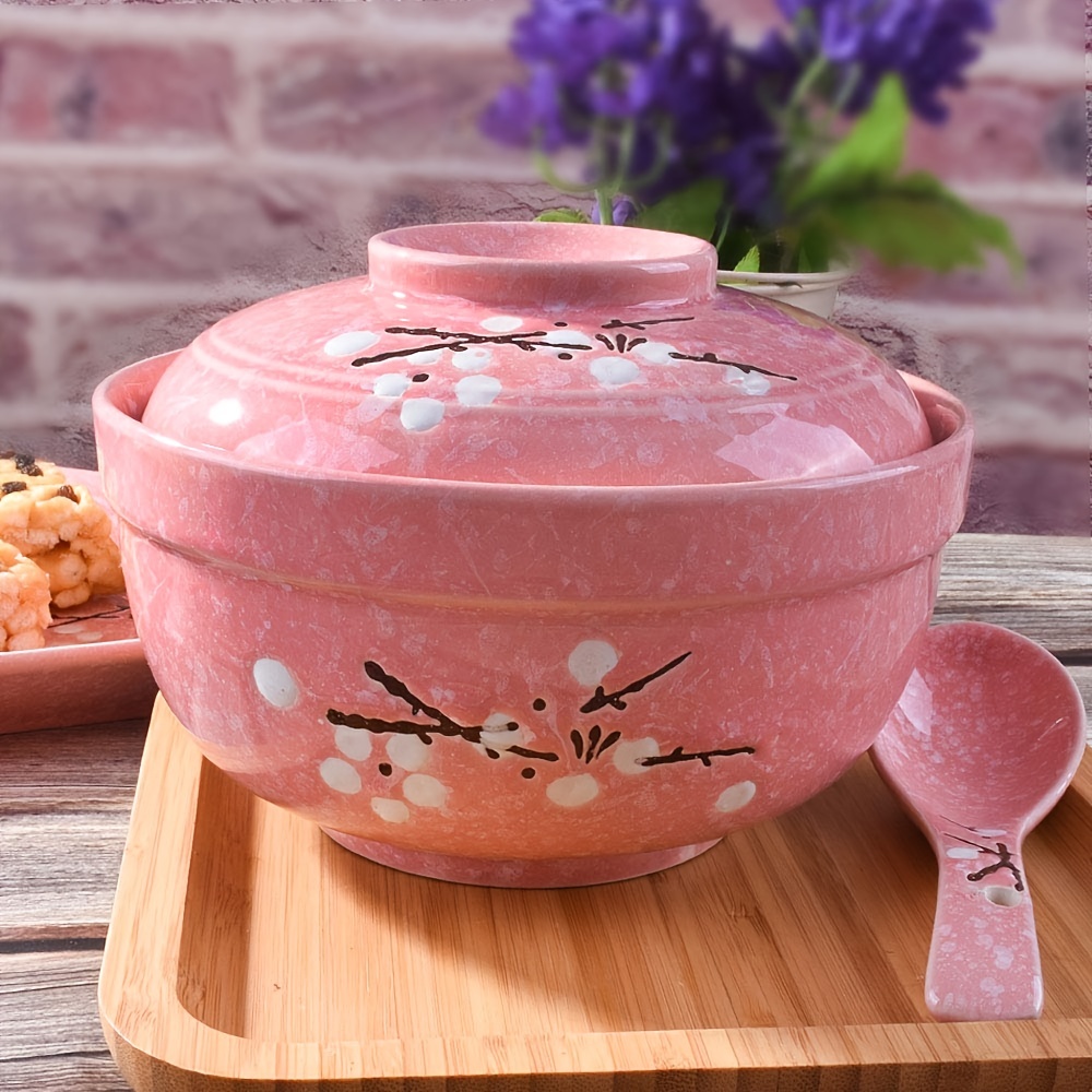 Large Ceramic Ramen Bowl With Lid And Handle Cute Japanese - Temu
