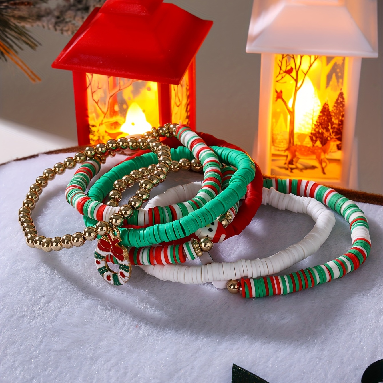 7 pièces Noël Coloré Bracelet Perlé Set , Élastique Doux Perles En  Céramique À La Mode Noël Gants Cadeau Pour Femme