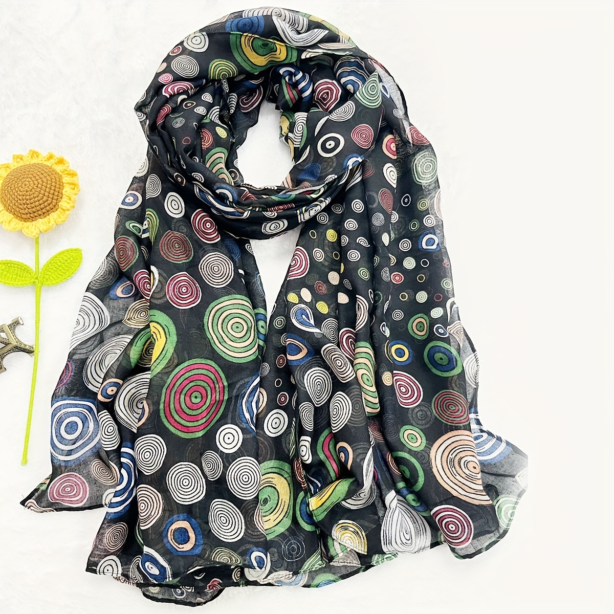 

Colorful Circle Printed Scarf, Elegant Thin Breathable Cotton Shawl, Spring Summer Windproof Breathable Head Wrap For Women