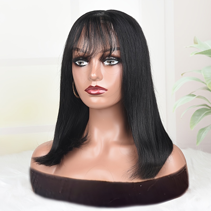 180% Density 4*1 Lace Front Human Hair Wig Wear And Go Black Medium Long Straight Bob Cut Wig With Bangs Glueless Wigs 100% Brazilian Human 10-14inch (with Wig Cap/eyelash)