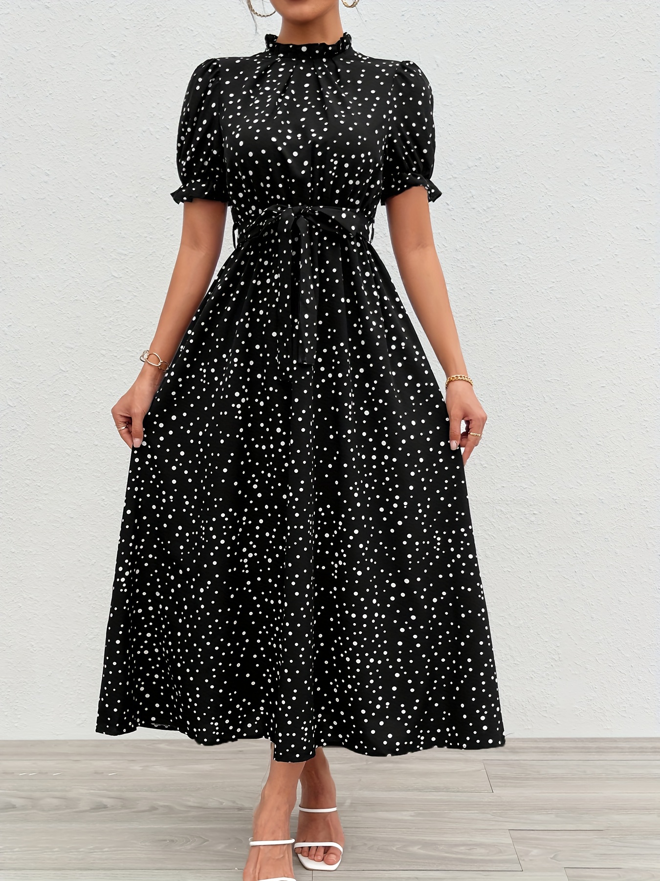 Pin Dot Print High Waist Dress Elegant Ruffle Trim Short - Temu