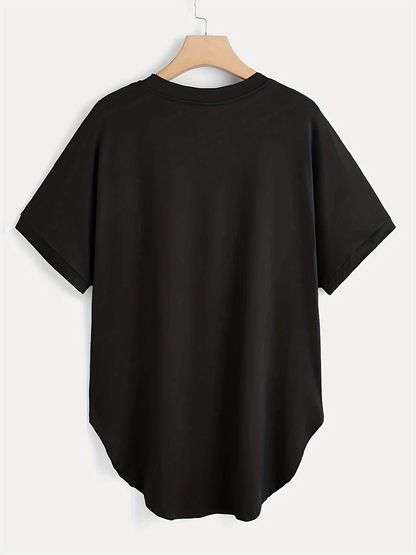 Plus Size Women's V-Neck Short Sleeve T-Shirt - Casual Stretch Top, Solid Black, Spring Summer Fall Essential, Hand Wash Only, Semiformal Attire, Versatile Fashion, Nontransparent Fabric