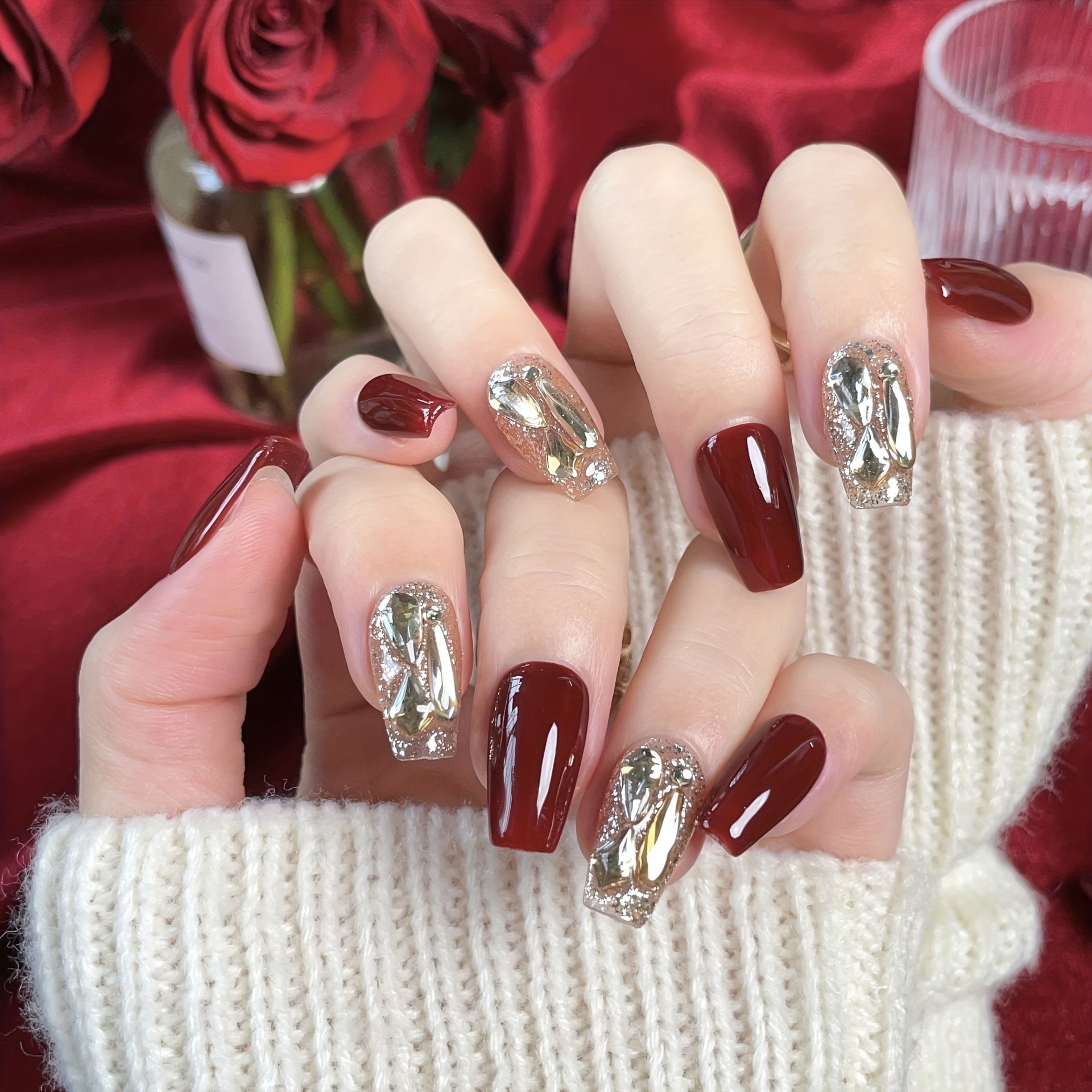 Red nails, Rhinestone nails, Red nail art designs