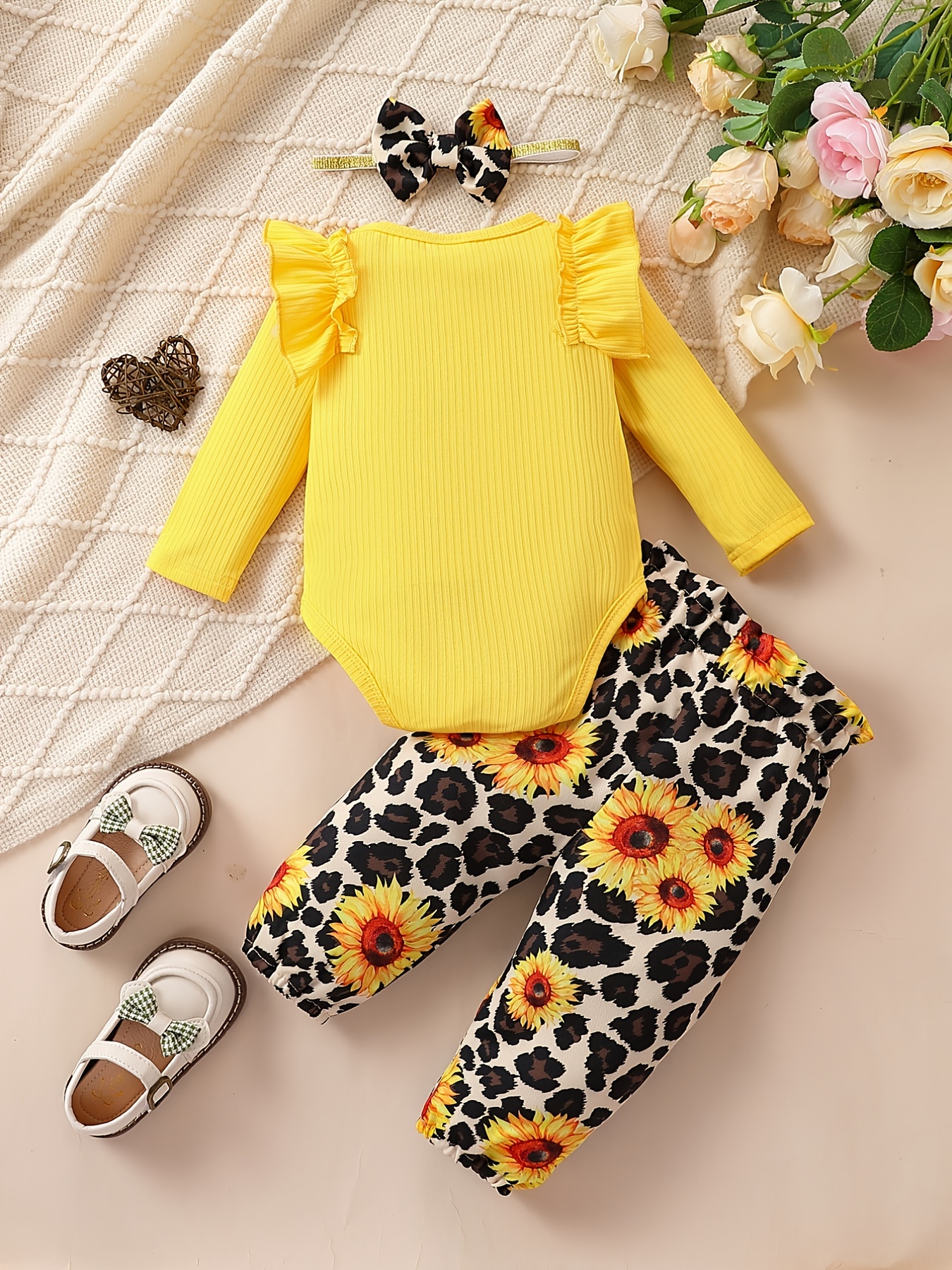Baby 3pcs Outfits Floral leopard Pants & Ruffle Romper Set