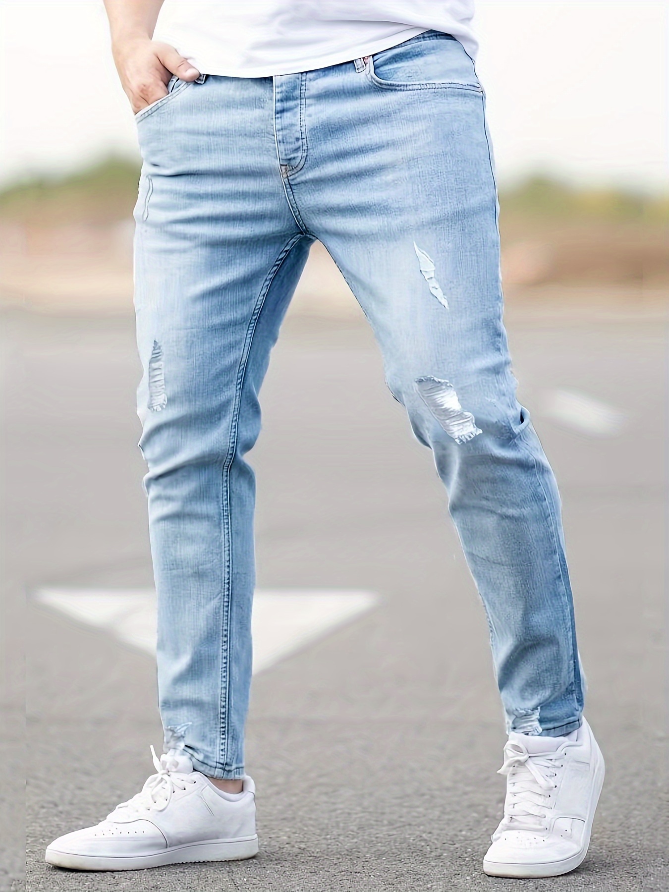 Pantalones Vaqueros Elásticos Rasgados Para Hombre Moda Casual