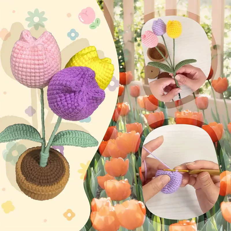 Beginner Diy Crochet Flower Kit Romantic Knitting Tulip - Temu