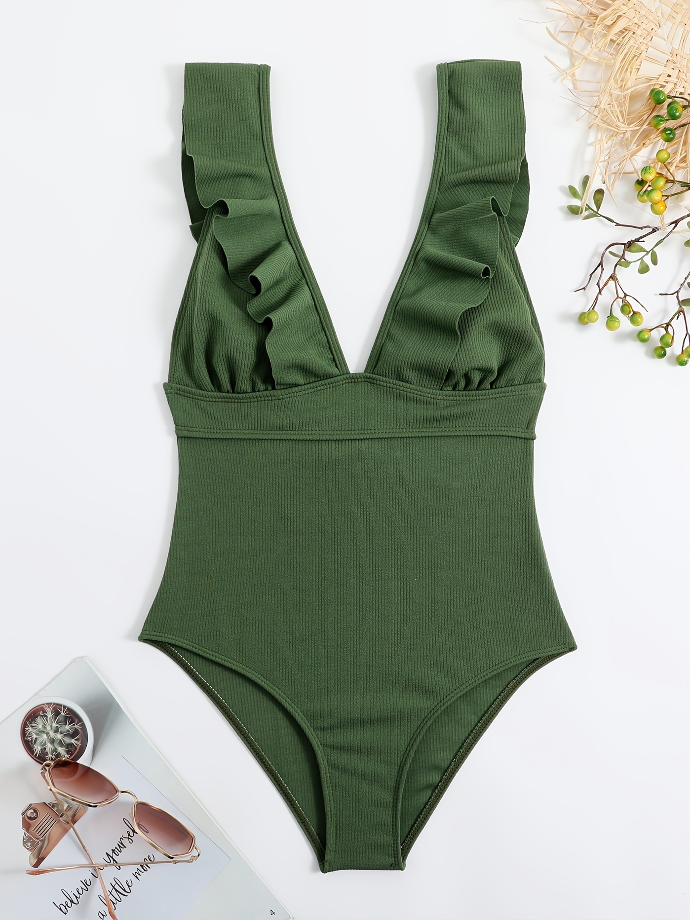 Textured Fabric Ruffle Twist One-piece Swimsuit, Plain Green Stretchy V  Neck Bathing Suits, Women's Swimwear & Clothing