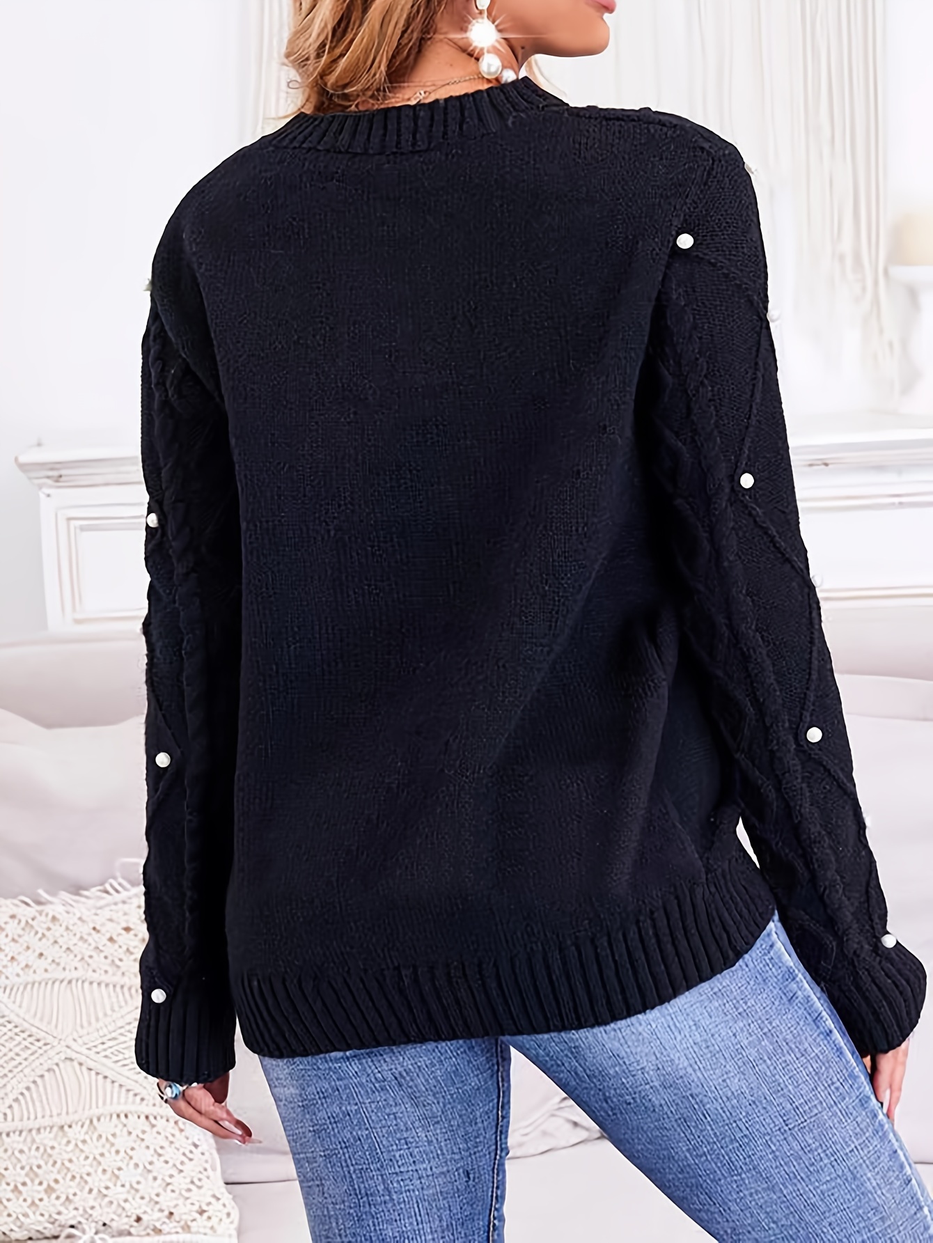 Beaded Crew Neck Cable Knit Sweater Casual Long Sleeve Loose Temu