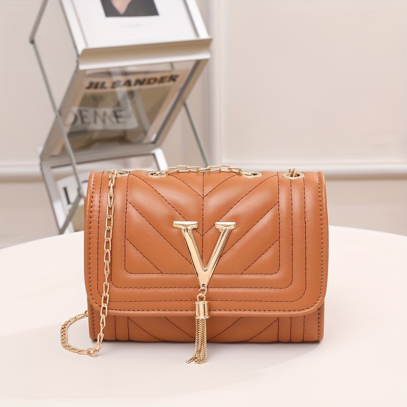 Elegant V Logo Tassel Shoulder Bag