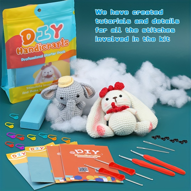 2 Set Crochet Kit Animals, DIY Crochet Kit For Beginners, Cute Animal Kit  Elephant and Penguin Starter Pack With Yarn Balls, Crochet Hooks, stitch