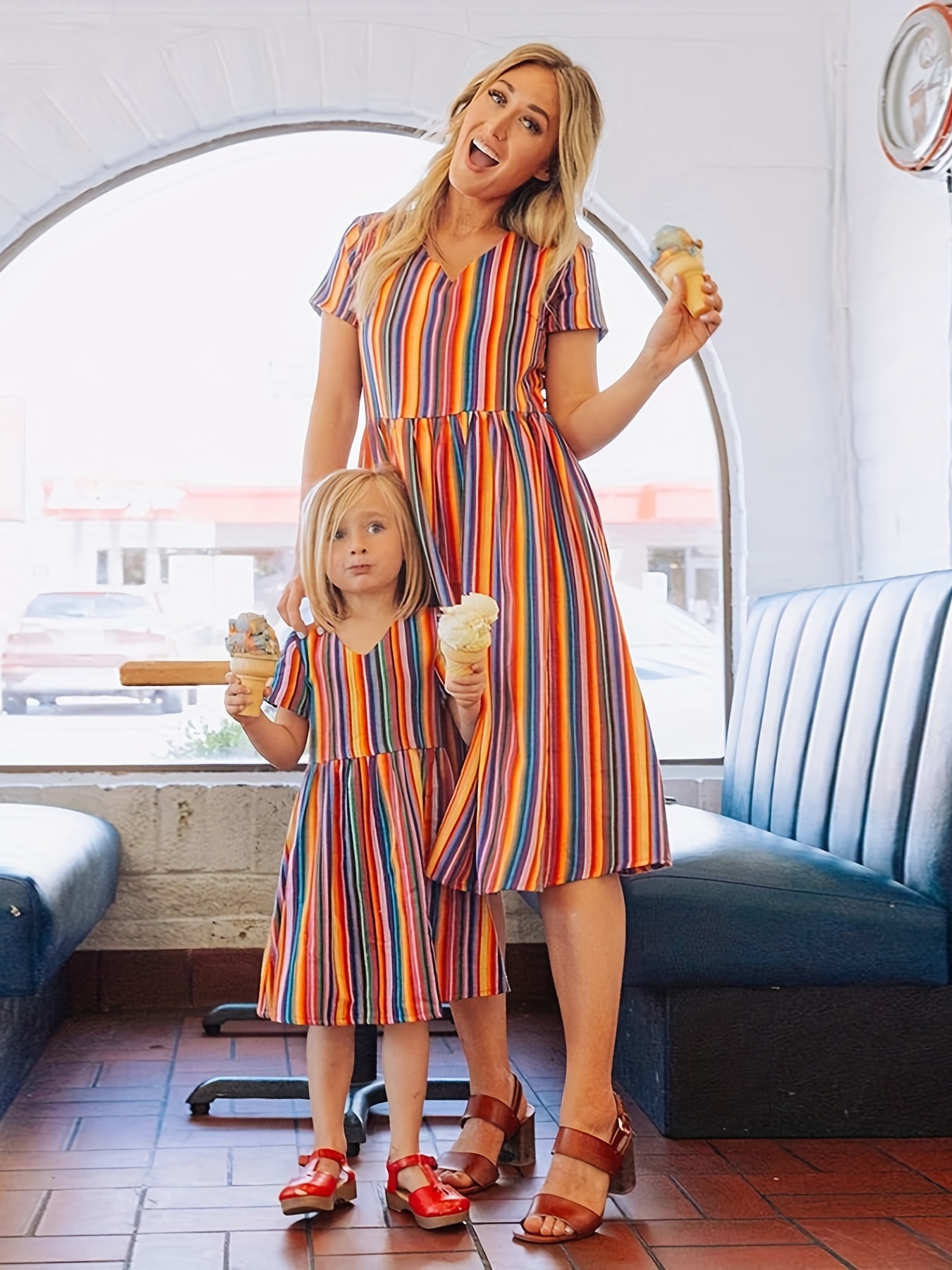 Stripe Series Cotton Short Sleeve Dresses with pocket for Mommy and Me
