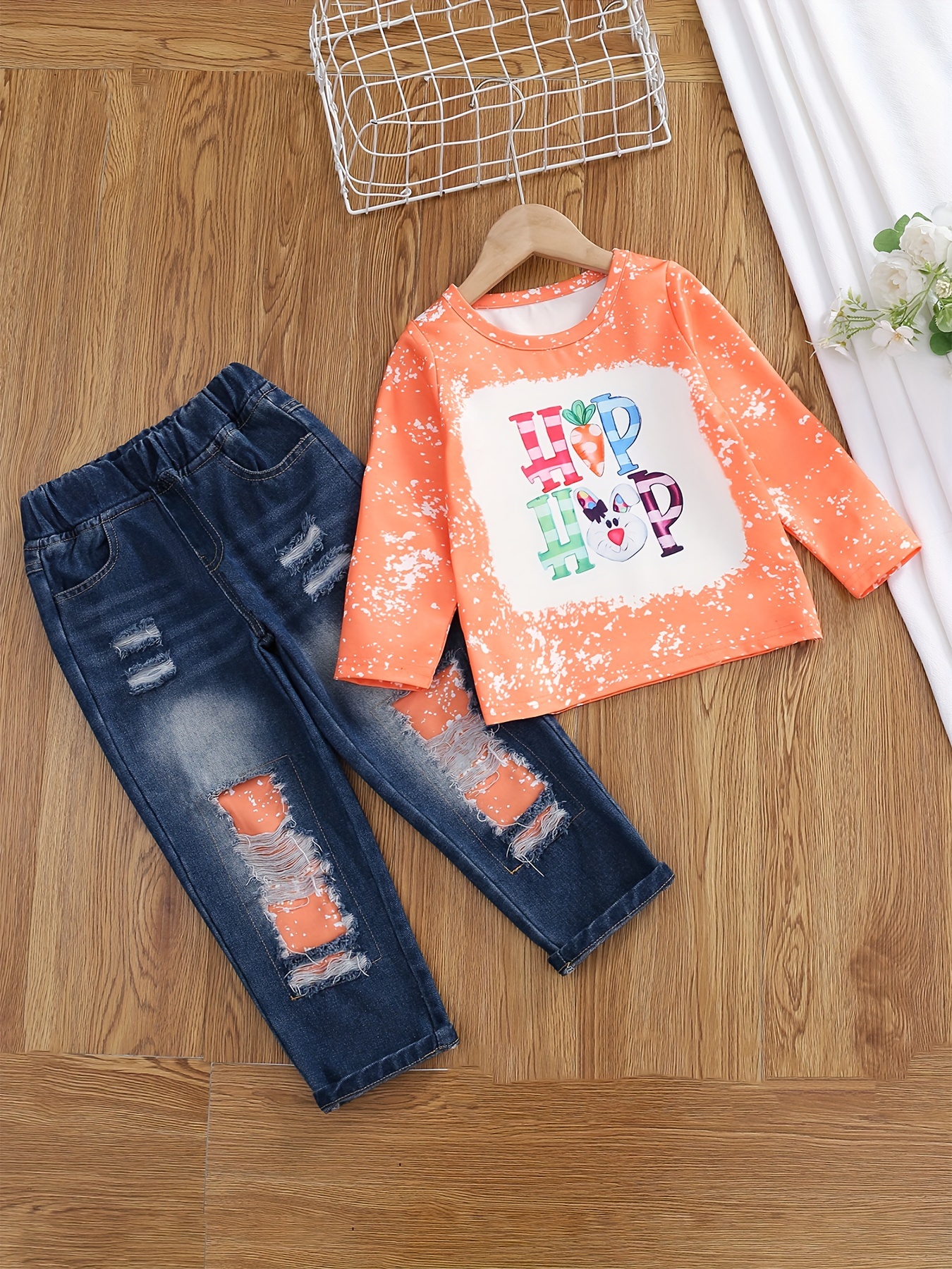 Girl's Casual Outfit Long Sleeve Top Ripped Denim Jeans Set - Temu