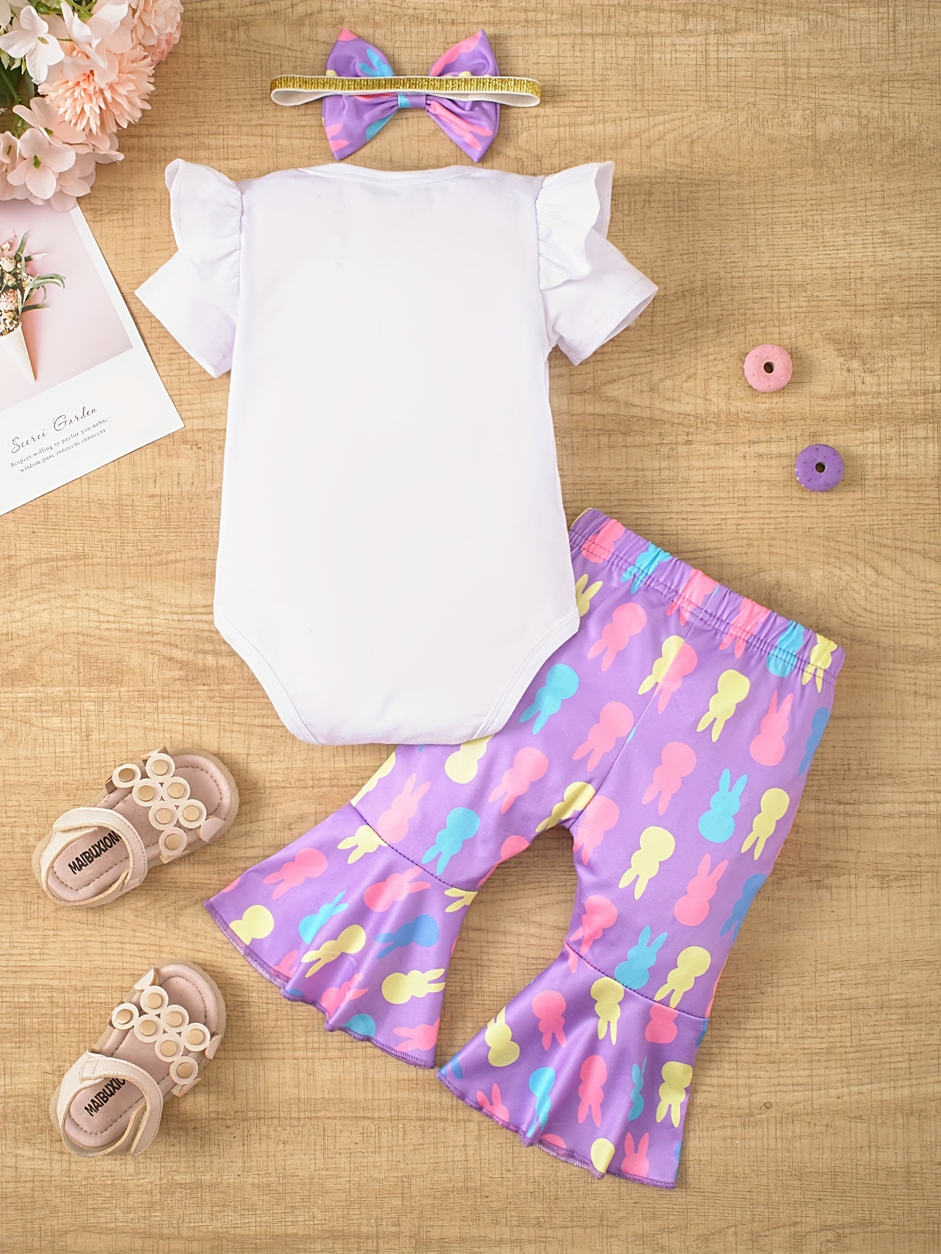 2pcs infant baby girls 1 year old easter rabbit baby cute casual short sleeve triangle romper top allover print flared trouser with headwear set