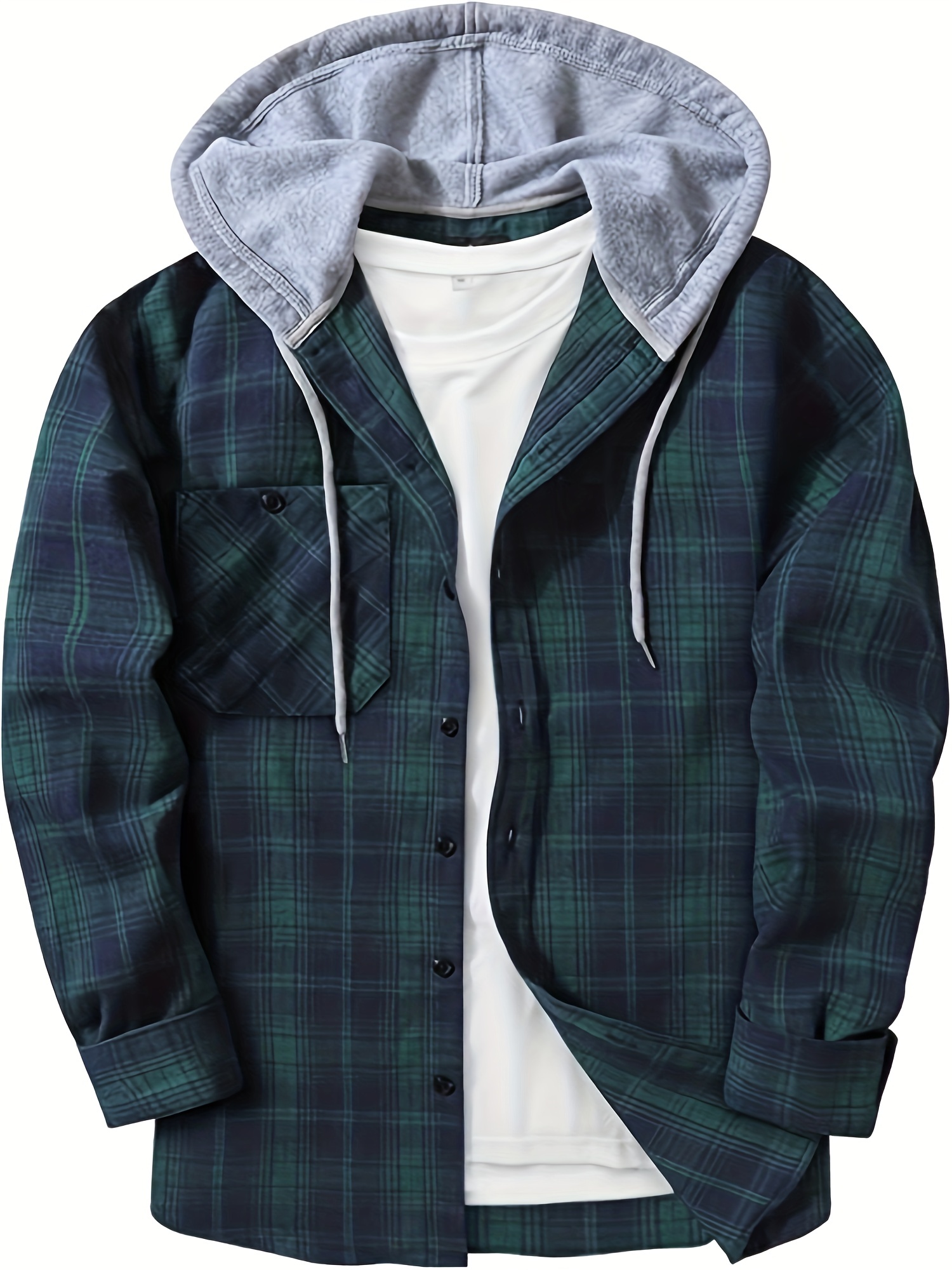 Men's Casual Green Flannel Plaid Hooded Jacket, Drawstrings