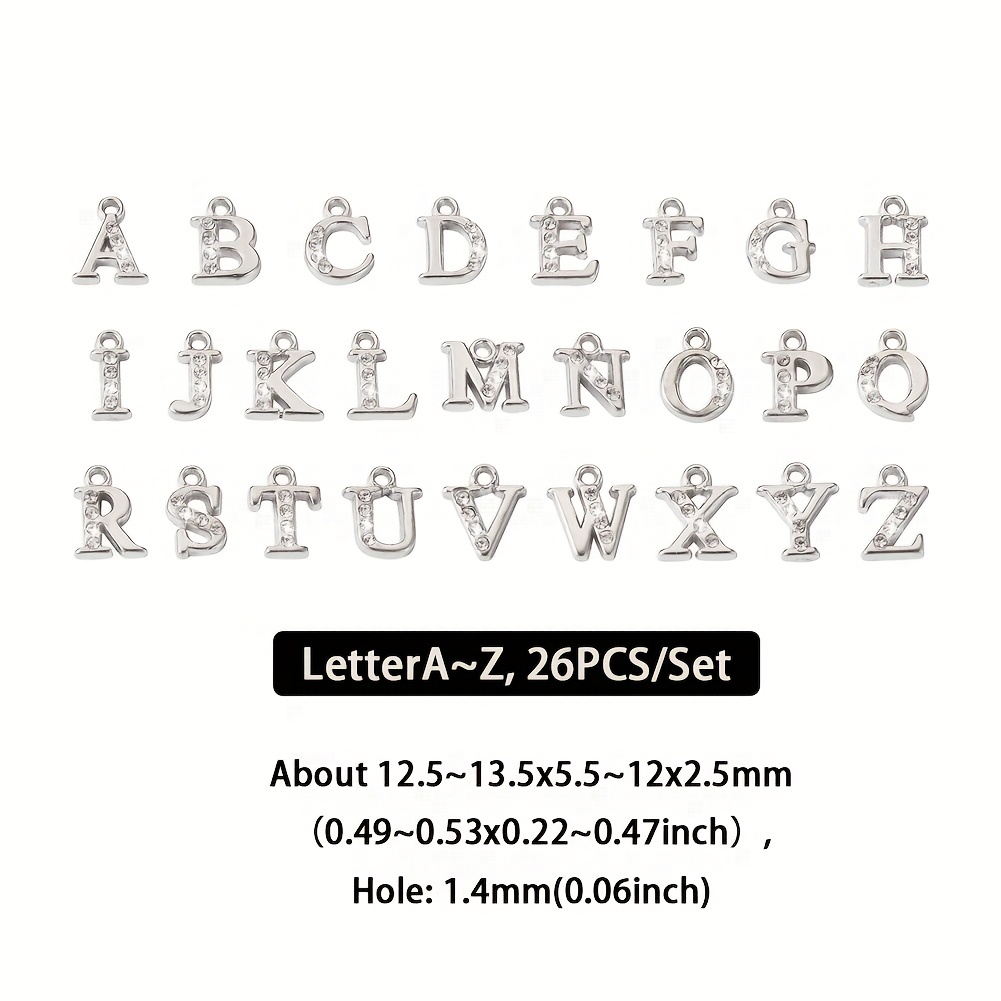 26pcs Alphabet Letter A~Z Alloy Rhinestone Charms, 12.5~13.5x5.5~12x2.5mm, 1.4mm Hole, Crystal Platinum Elegant Creative Shaped for Necklace