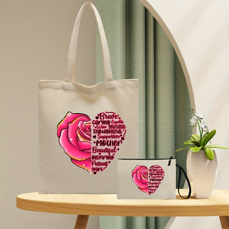 2Pcs Canvas Tote Bag for Women Aesthetic Tote Bag Reusable Flower Tote Bag  with Handles for Shopping School Supplies