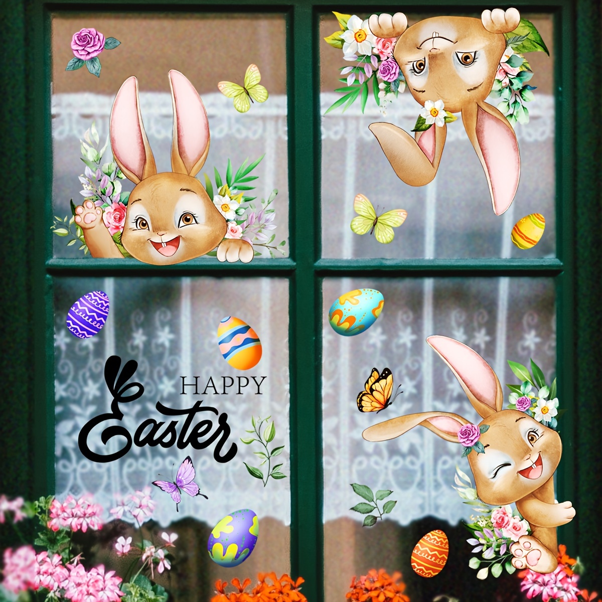 XZNGL Pâques Pâques Dessin Animé Enfants Lapin Poussin Autocollant Sticker Mural  Autocollant De Fenêtre 