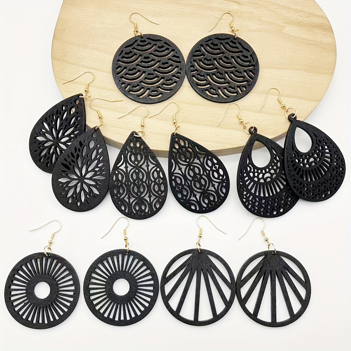 

6 Pairs/ Set Vintage Carved Flower Pattern Dangle Earrings Retro Bohemian Style Wooden Jewelry Trendy Holiday Earrings