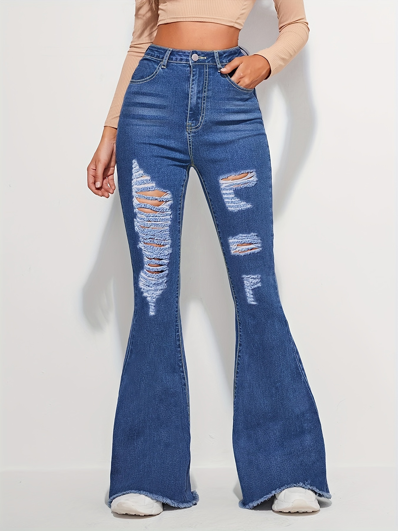 Rhinestone High Low Fringe Ripped Flare Jeans Waist - Temu Canada