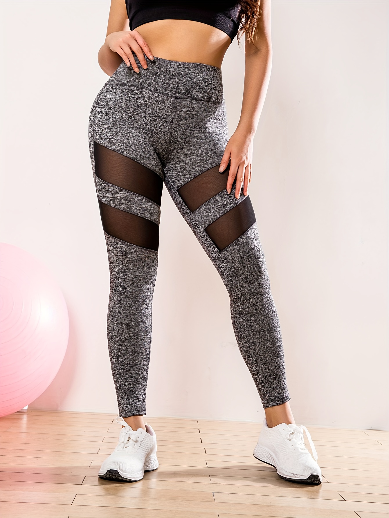 Mesh Contrast High Waist Stretchy Sports Tight Pants, Slimming Yoga Fitness  Workout Gym Exercise Leggings, Women's Activewear