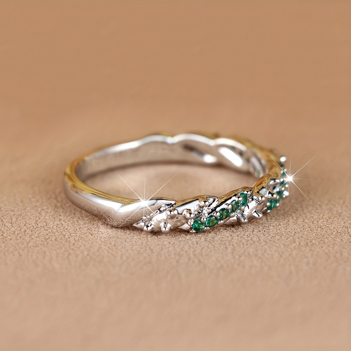 Intertwined Ring Inlaid with Shining Green Zircons, Boho Style