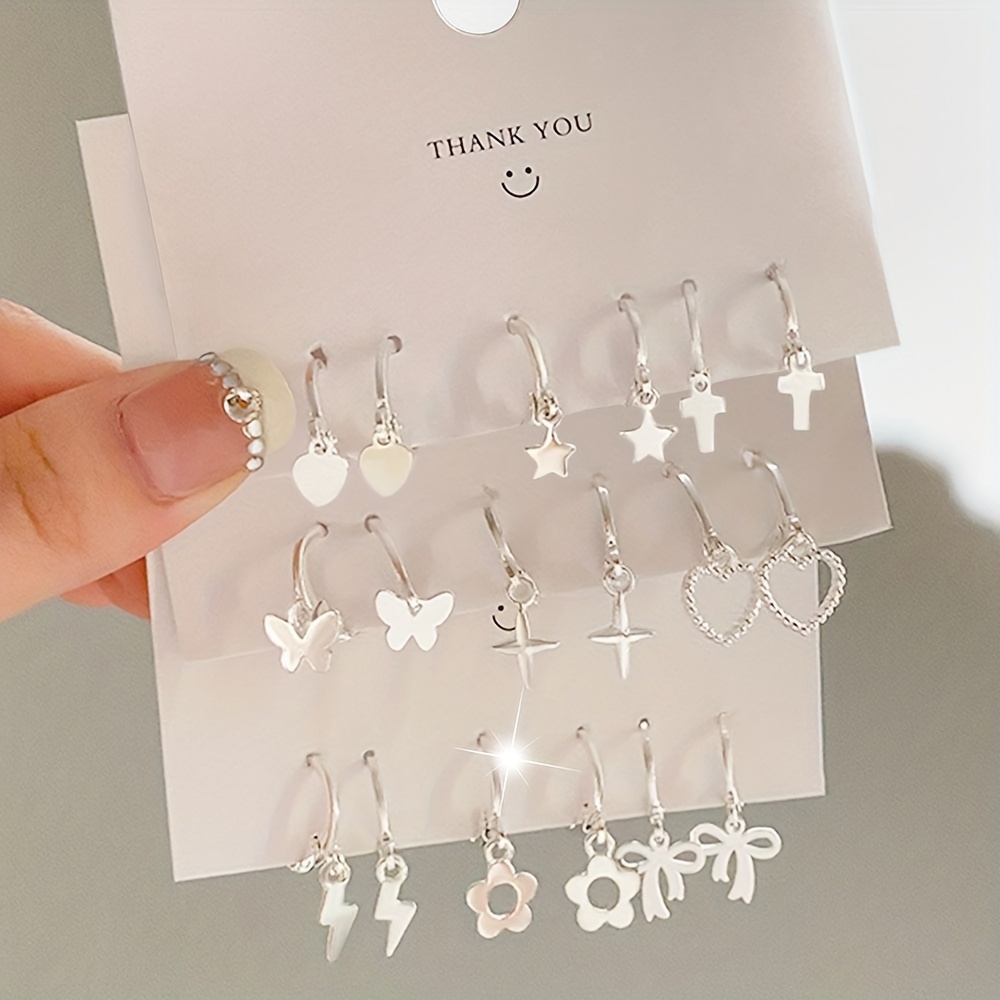 

Silvery Butterfly Cross Heart Design Hoop Earrings Set Simple Japanese/ Korean Style Alloy Jewelry Trendy Female Gift