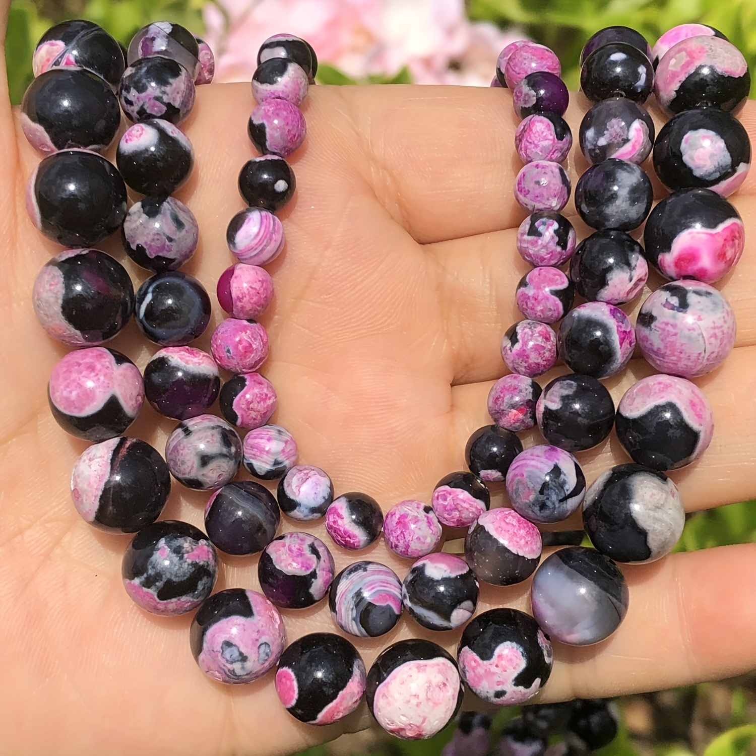 

6/8/10mm Natural Stone Fuchsia Black Fire Veins Onyx Round Loose Beads Unique Fashion For Diy Bracelets Necklaces Jewelry Making Supplies 15''inch