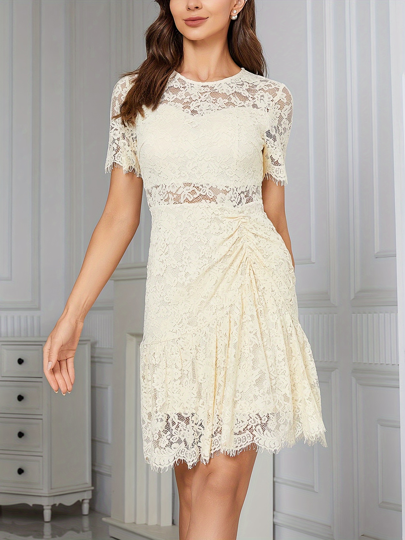  Women's Contrast Lace Ruched Bust Short Dress High