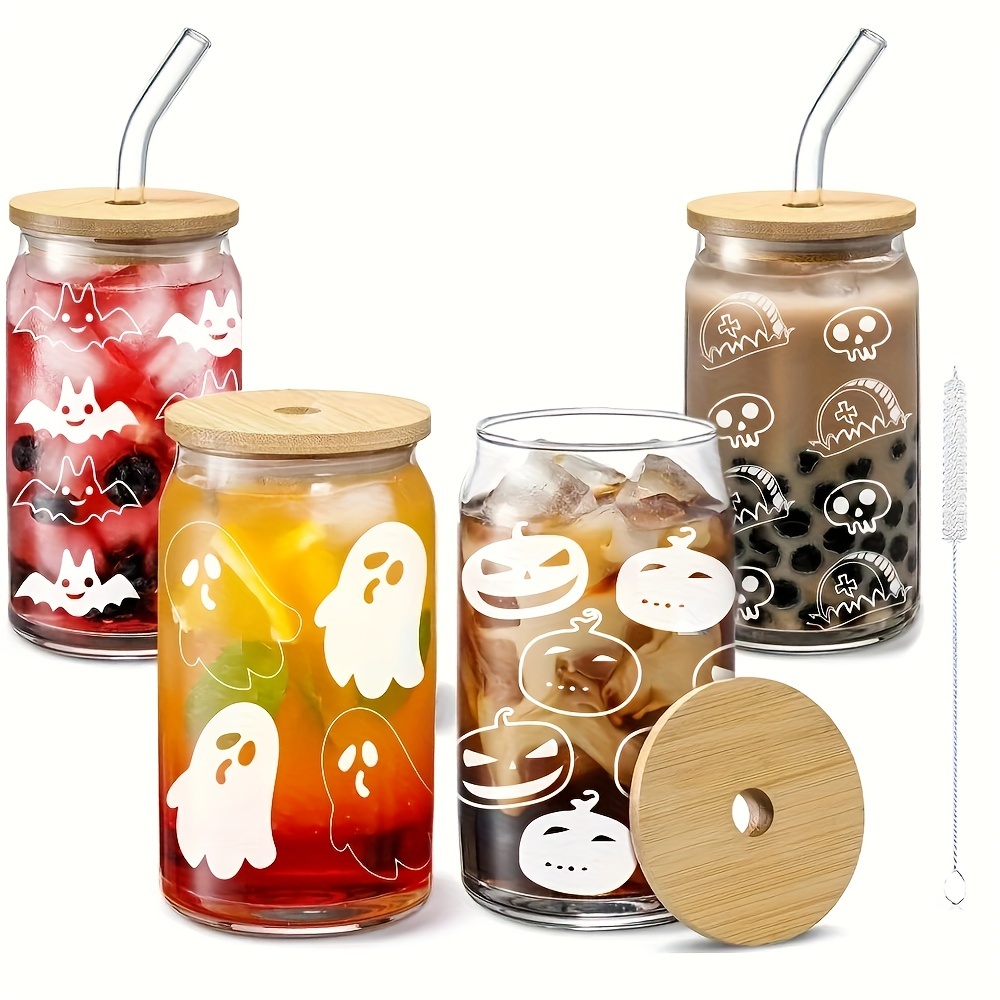 Ice Coffee Cups With Bamboo Lids And Glass Straws Halloween - Temu