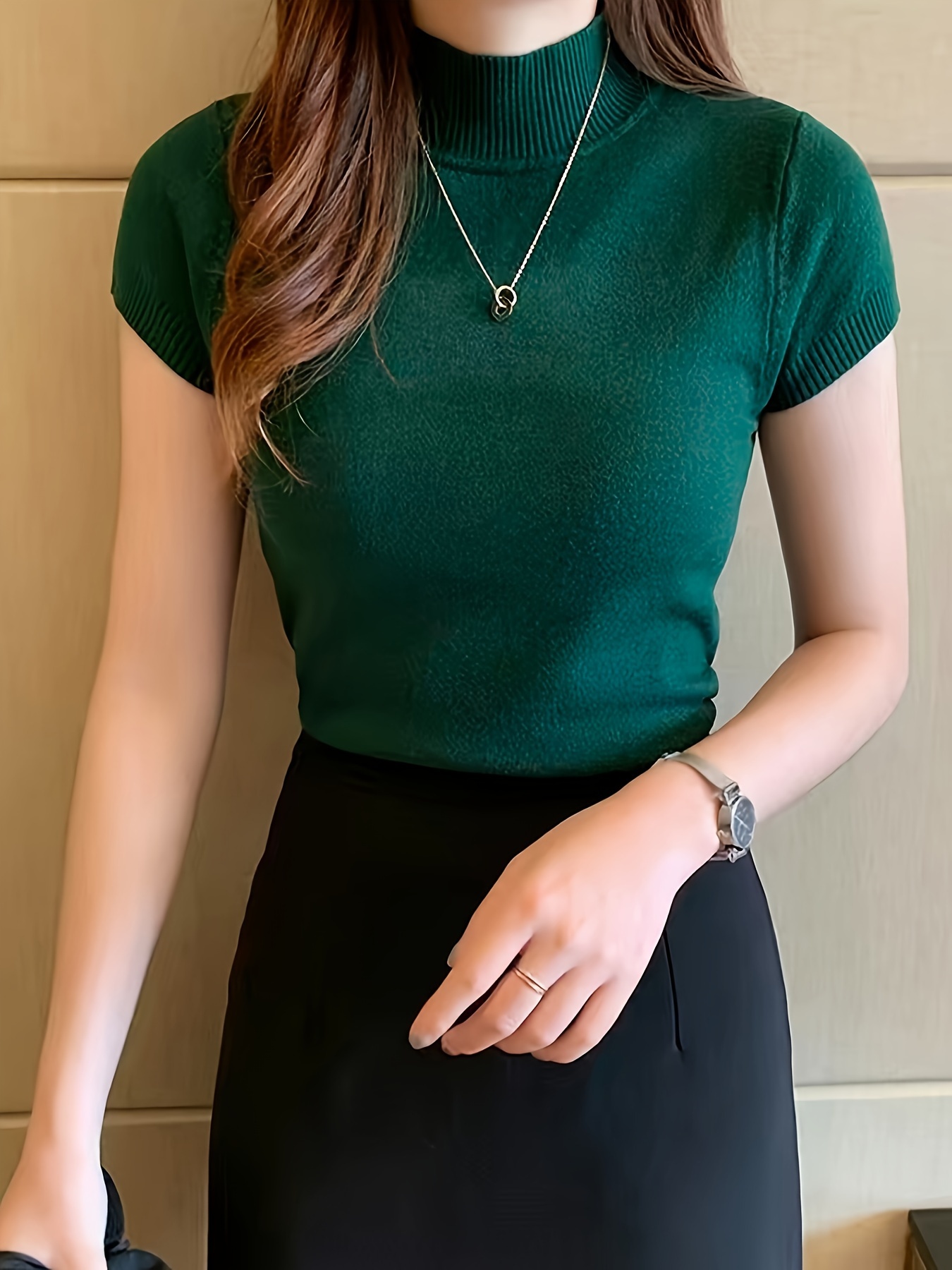 New Style Knitted Versatile Design Half-High Collar Short Sleeve Thin Pullover