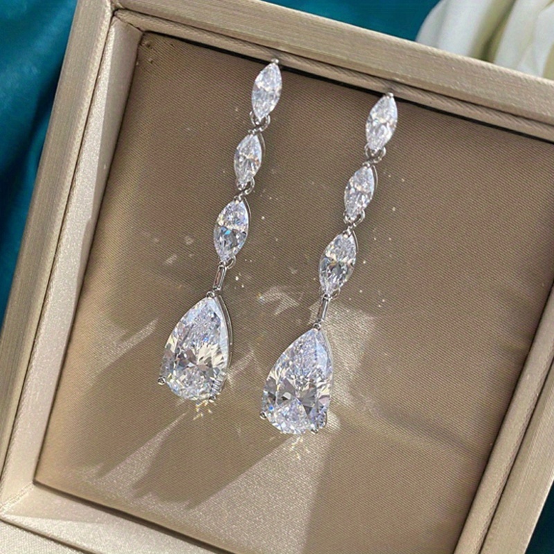 

Teardrop Sparkling Zircon Pendant Elegant Luxury Dangle Earrings Minimalist Style Silver Plated Jewelry Female Gift