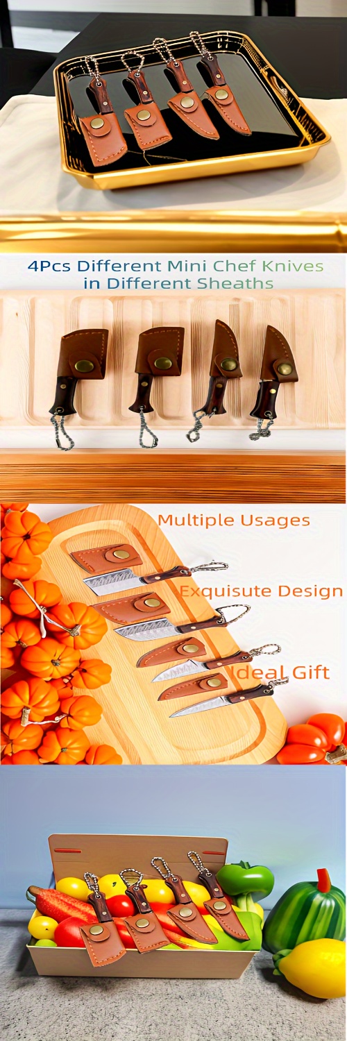 4pcs Mini Pocket Knives With Sheath, Knife Set, Keychain Knife, Box Cutter,  Chef Knife, Bread Knife, Paring Knife, Fruit Knife, Vegetable Knife, Campi