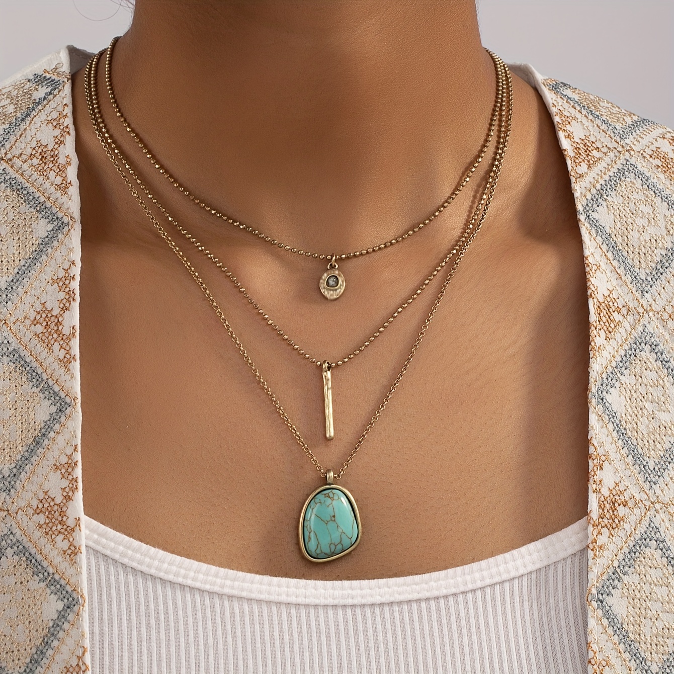 Vintage Boho Turquoise Multilayer Three Layer Necklace Women - Temu Canada