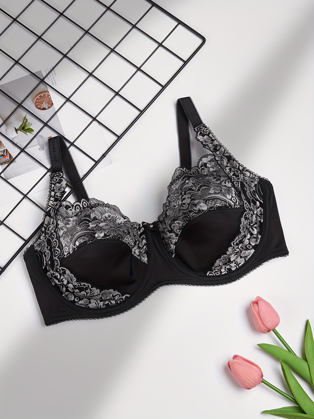 Contrast Lace Unlined Bra Comfy Breathable Full Coverage Bra - Temu
