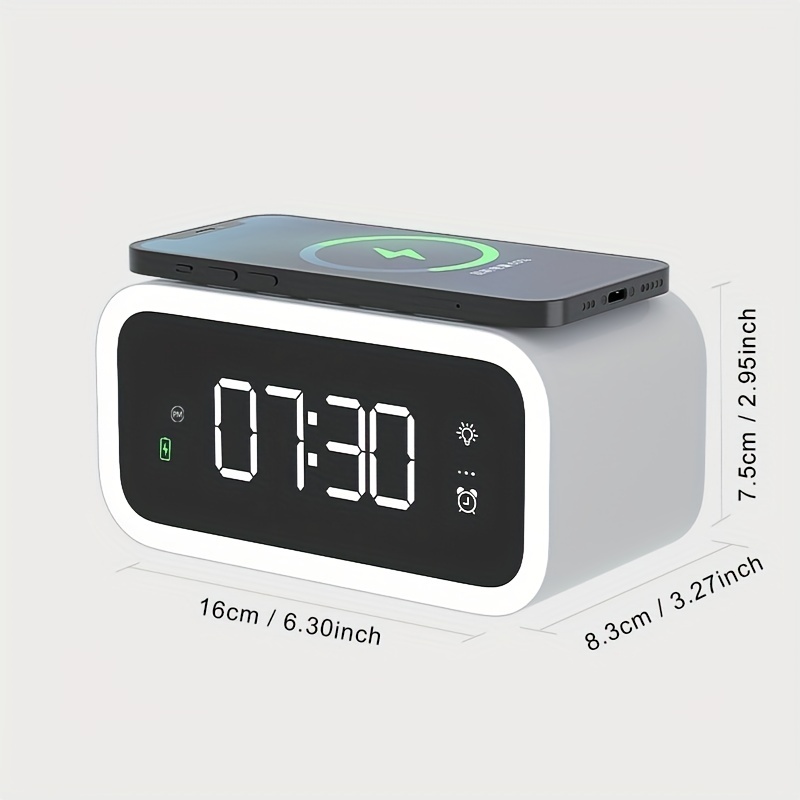 Reloj despertador digital inteligente LED con cargador inalámbrico,  termómetro y tiempo, certificado Qi para dormitorio, reuniones, viajes,  tareas y