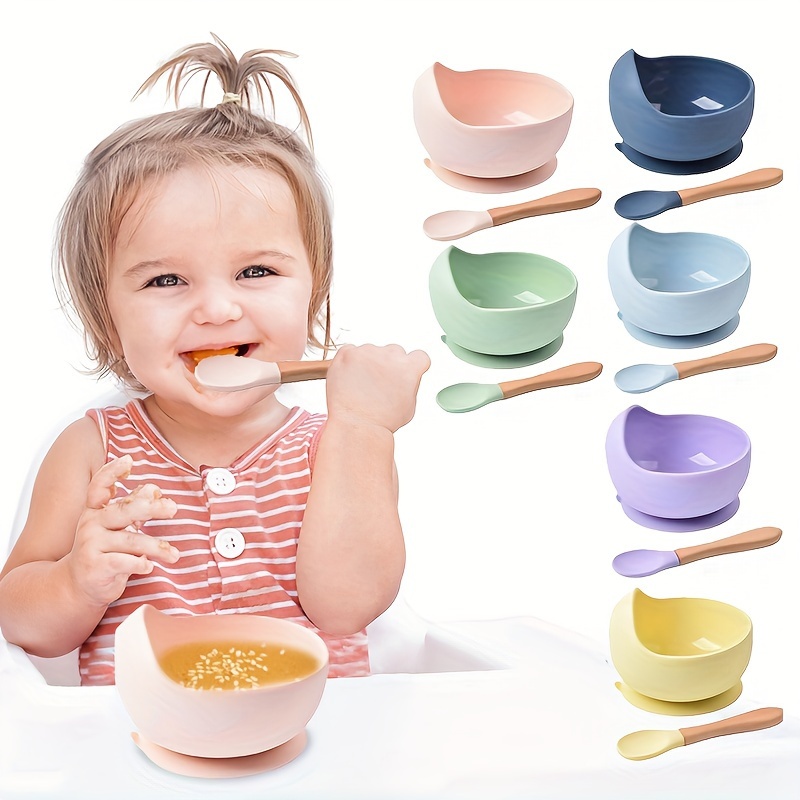 Baby Feeding Bowl And Spoon Set, Silicone Baby Bowl Suction Cup With Wooden  Spoon Silicone Suction Base Non Slip Baby First Feeding Kit Gift For  Toddler Children Girls Boys,halloween, Thanksgiving, Christmas Gift 