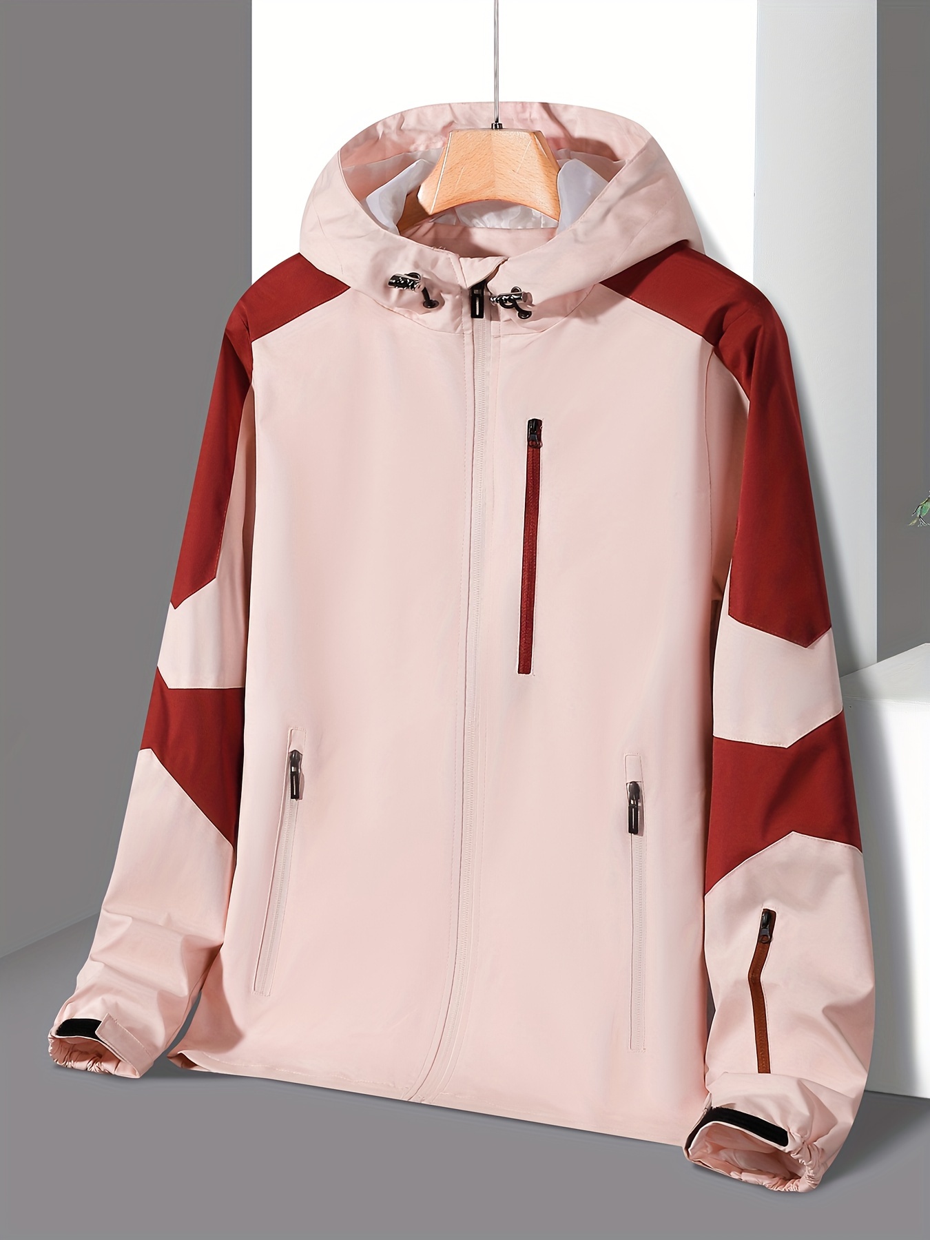 Women's Sports Jacket Top, Plus Size Color Block Zipper Drawstring Hooded  Long Sleeve Multi-pocket Outdoor Fitness Top