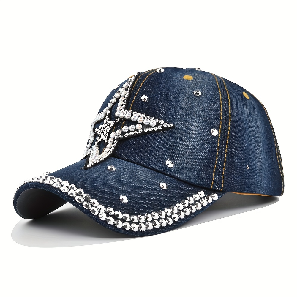 Rhinestone Bling Y2K Baseball Cap Women Adjustable Washed Distressed Denim  Hat Casual Cotton Dad Hats
