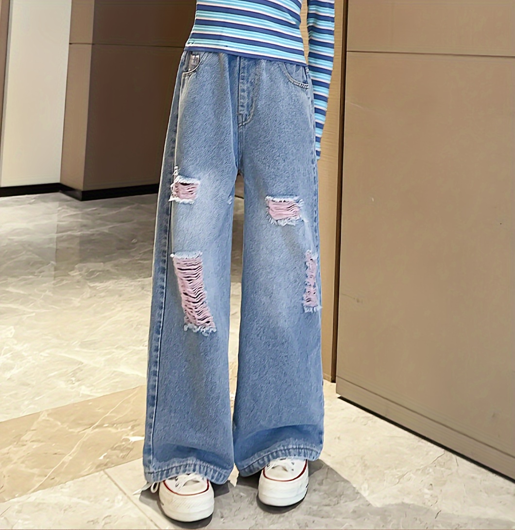 Niz Lok_Teen Girl Ripped Hole Wide Leg Jeans Fashion Loose