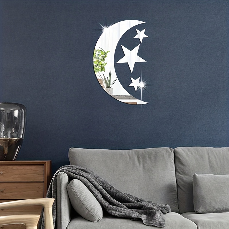 32pcs Moon & Star Shaped Mirror Wall Sticker Silvery Decorative Mirror  Sticker For Home Decor