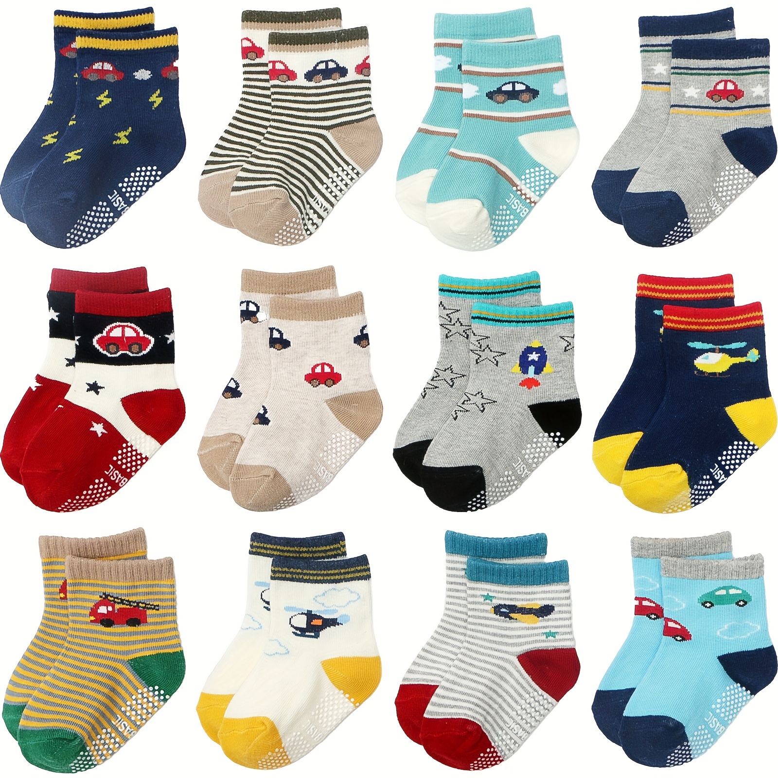 

12 Pairs Boy's Non-slip Socks Solid Bottom Rubber Dot Cotton Blend Comfy Breathable Soft Socks For Babies Wearing